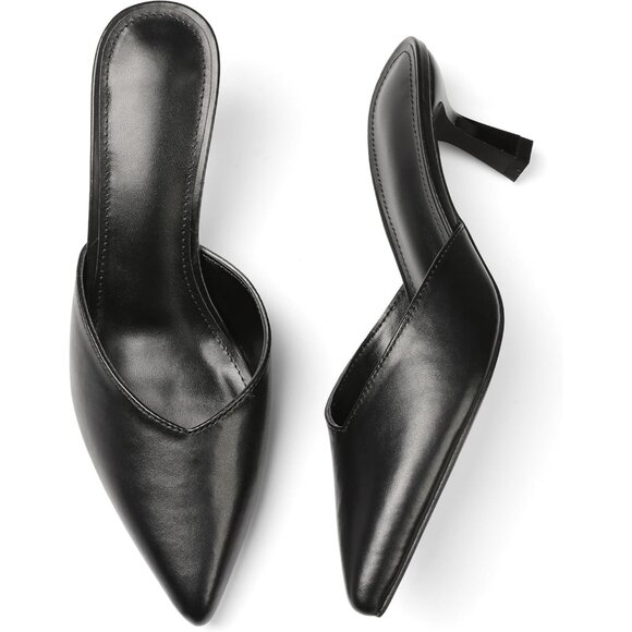 Women's Black Kitten Heels Closed Pointed Toe Stiletto Heels Black Mules - Picture 3 of 7